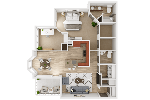 A top-down view of a small apartment layout with a living room, kitchen, and bedrooms.